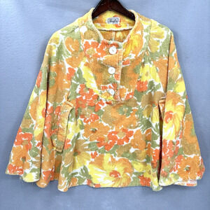 Vintage Jaybro Terrycloth Poncho Orange Flowers Goblincore Women OS Retro 60s 70